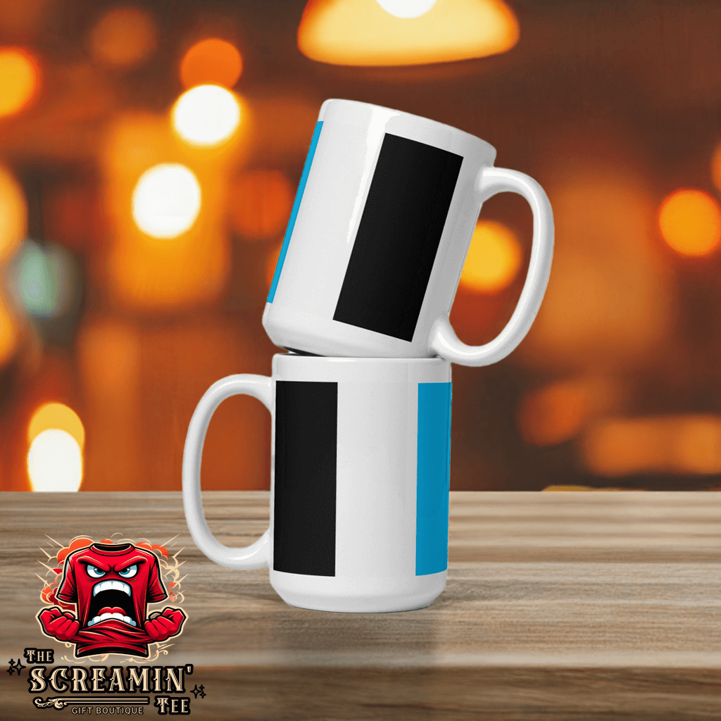 Two Mascic Pride Mugs stacked on a wooden table with a blurred background, perfect for coffee or tea.