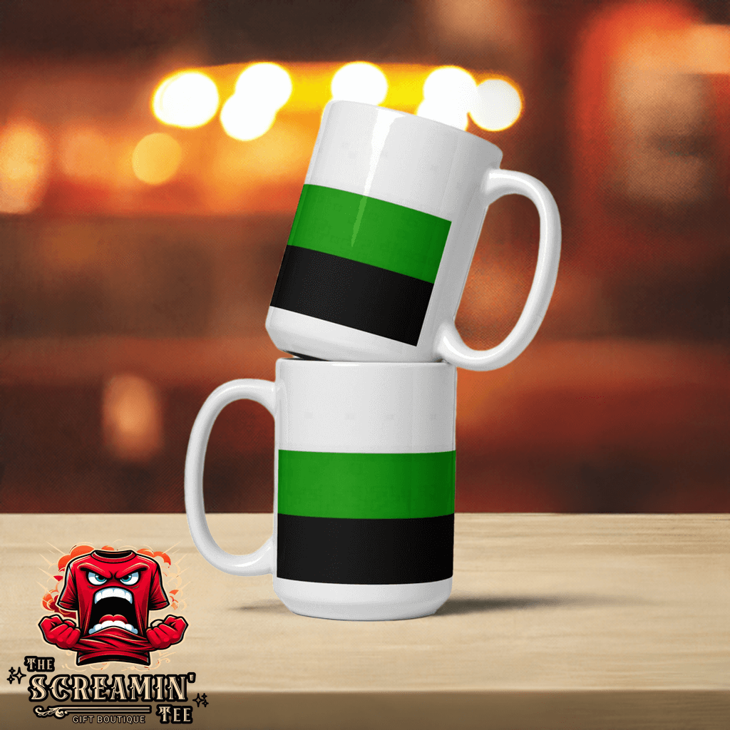 Neutrois Pride Mug displayed, featuring vibrant green and black stripes on a glossy ceramic surface.