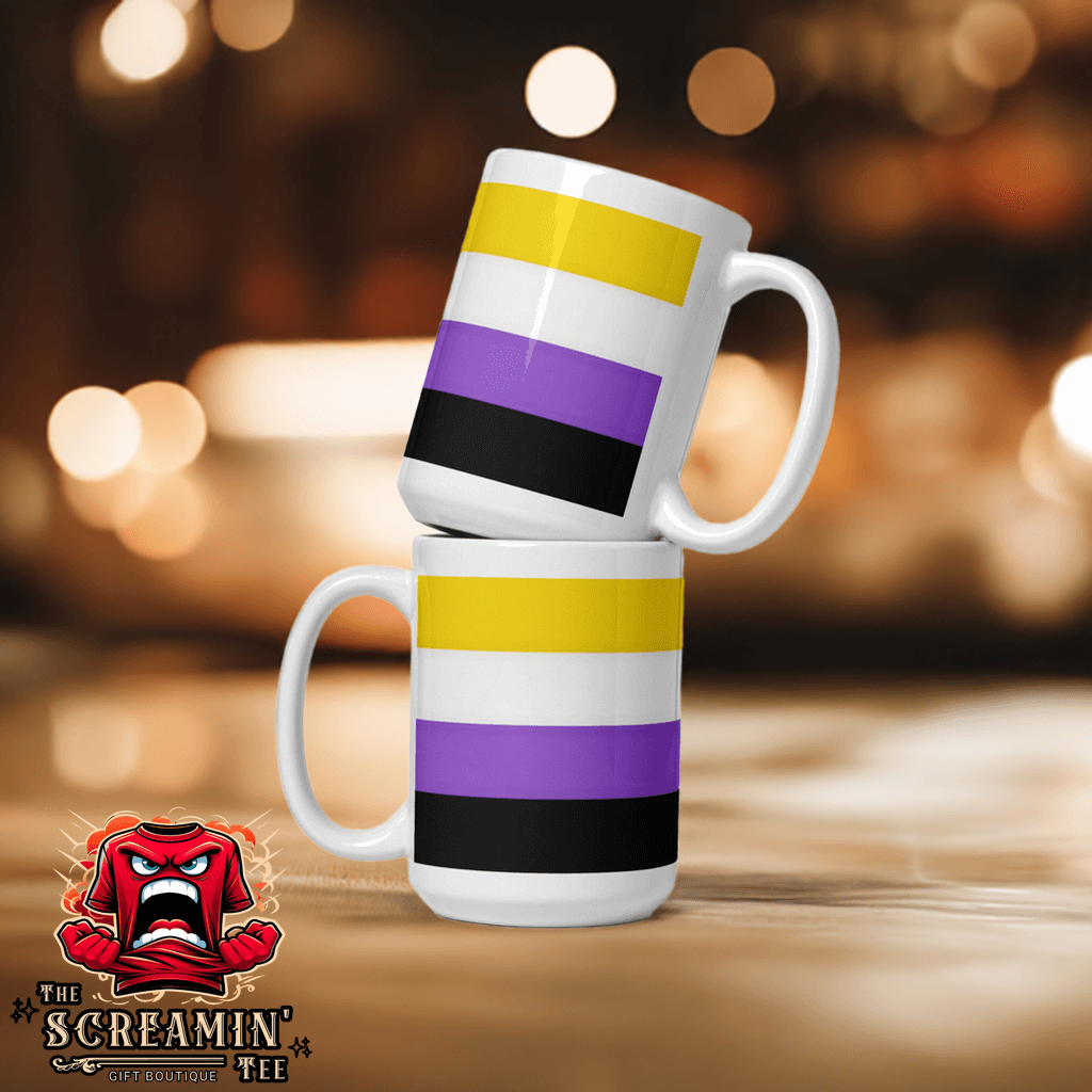 Nonbinary Pride Mug with vibrant colors, showcasing yellow, purple, and black stripes, perfect for coffee or tea.
