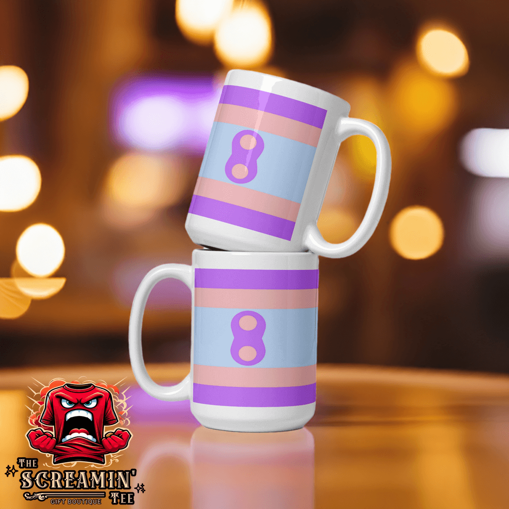 Noninsexual Pride Mug stacked on a table with bokeh lights in the background, showcasing its vibrant design.