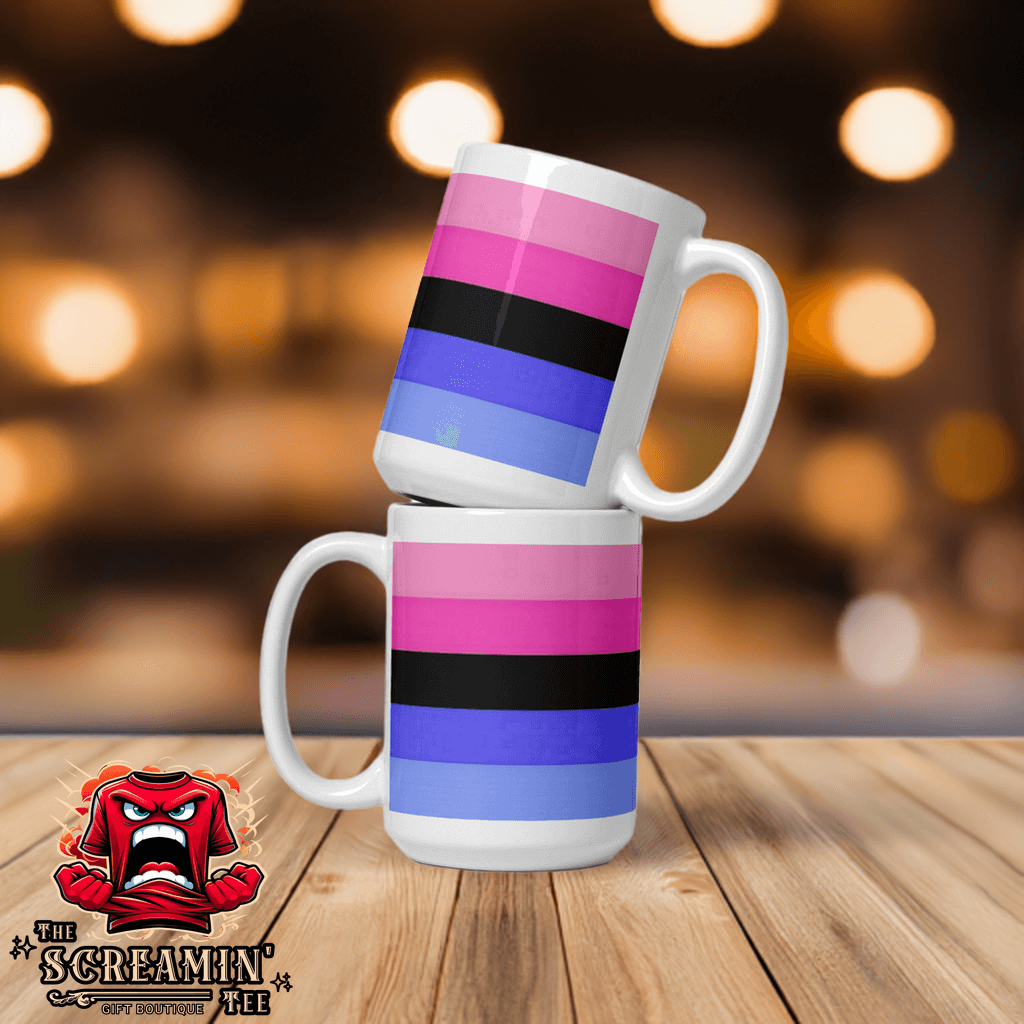 Omnisexual Pride Mug stacked on a wooden table with a bokeh background, colorful stripes in pink, black, and blue.