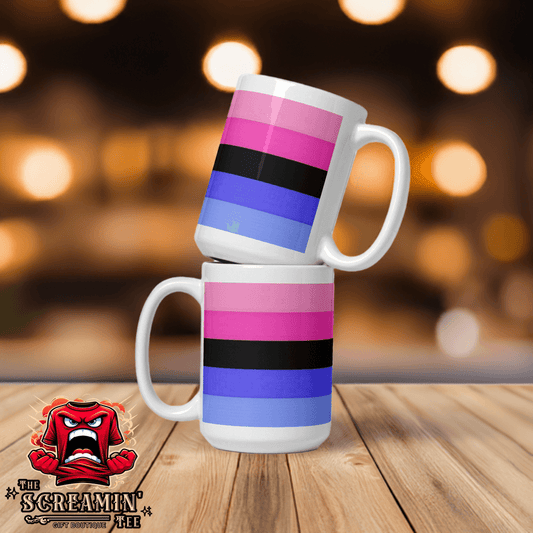 Omnisexual Pride Mug stacked on a wooden table with a bokeh background, colorful stripes in pink, black, and blue.