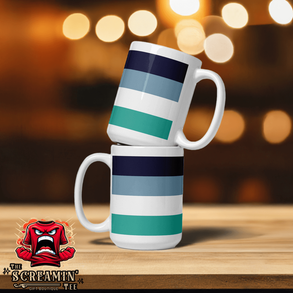 Oriented Aroace Pride Mug stacked, featuring colorful horizontal stripes on glossy ceramic.