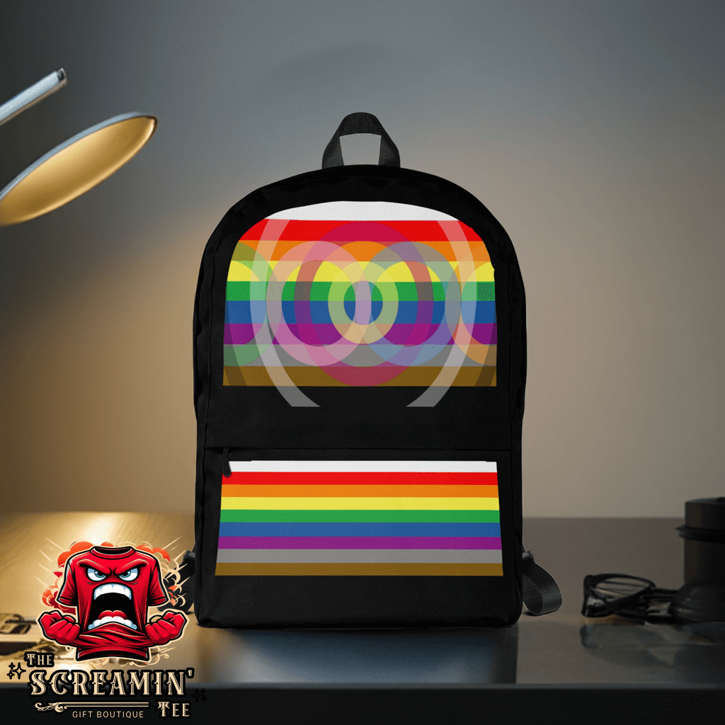 Outburo Intersectional Pride Backpack featuring a vibrant rainbow design, ideal for daily use and sports activities.