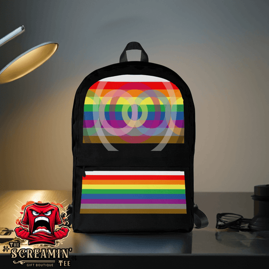 Outburo Intersectional Pride Backpack featuring a vibrant rainbow design, ideal for daily use and sports activities.