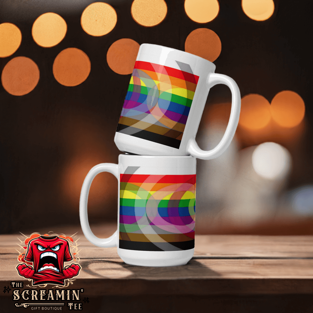 Outburo Intersectional Pride Mug featuring vibrant rainbow design, ideal for coffee or tea, sturdy ceramic material.