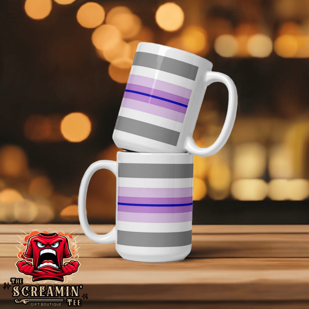 Paraboy Pride Mug design featuring purple and gray stripes on glossy ceramic mugs stacked together.