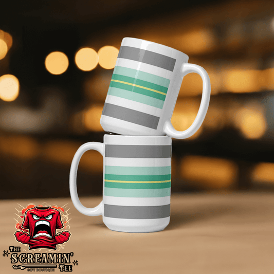 Paragender Pride Mug showcasing green, gray, and turquoise striped design on glossy ceramic surface.