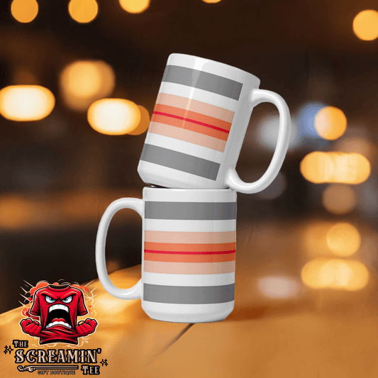 Paragirl Pride Mug displayed with colorful stripes against a blurred background.