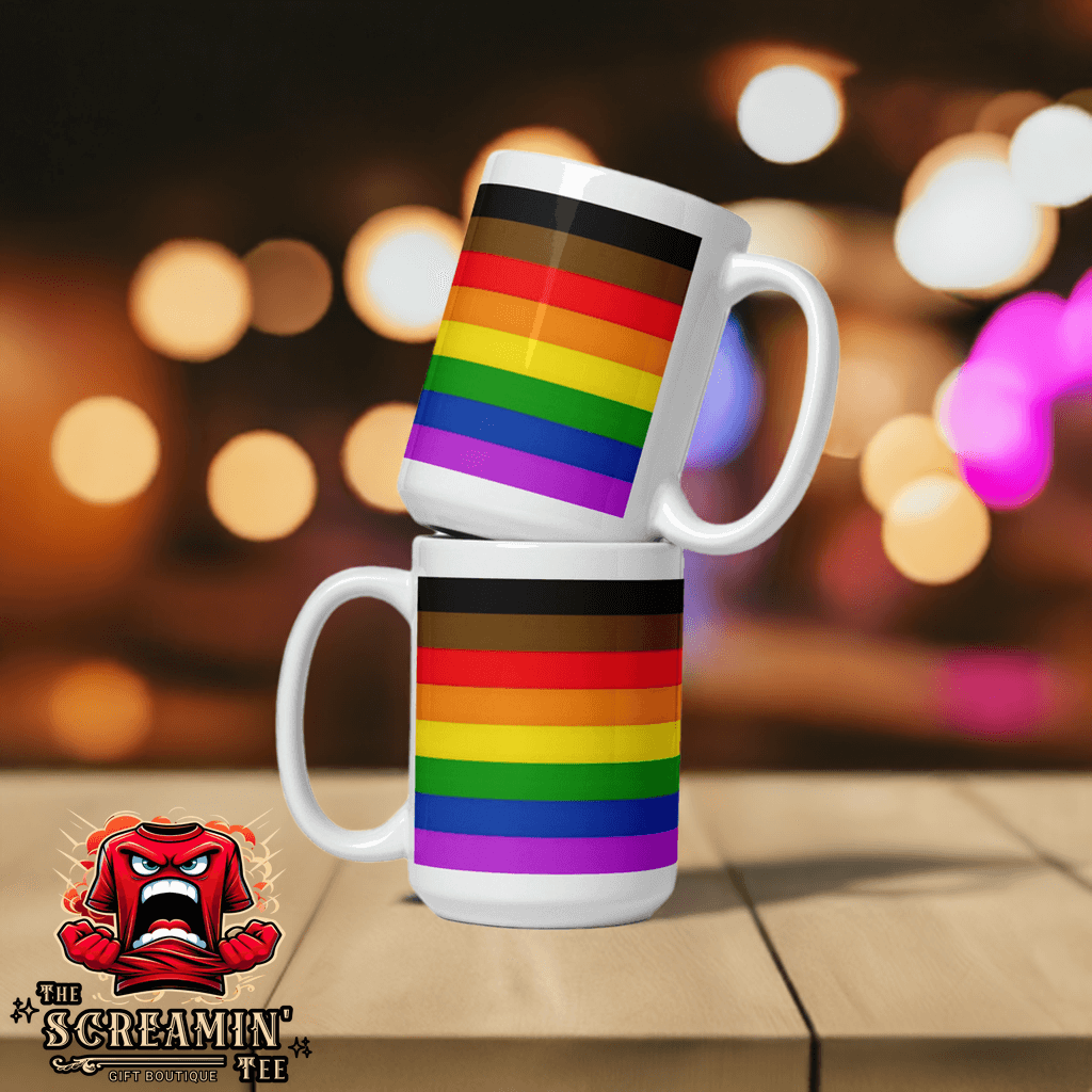Philadelphia (People Of Color) Inclusive Pride Mug featuring vibrant rainbow stripes on two stacked mugs.