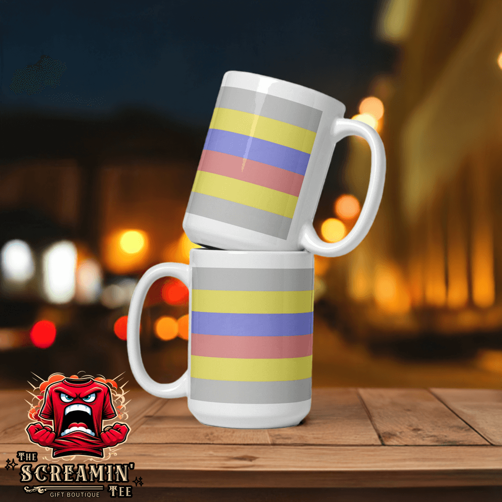 Pivotgender Pride Mug displayed with colorful stripes, perfect for coffee or tea lovers.