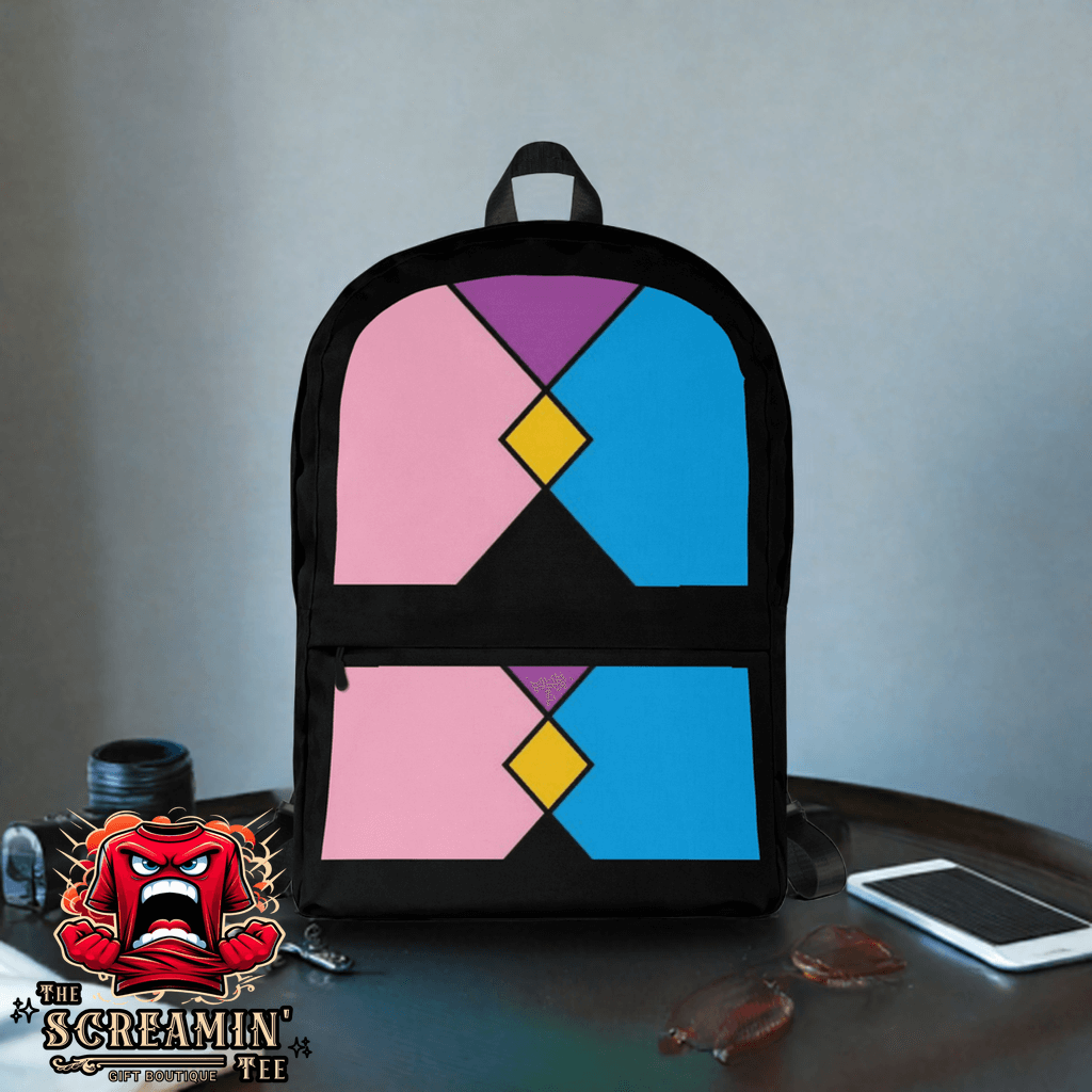 Pocket Gender Pride Backpack featuring colorful geometric design, perfect for daily use and sports activities.
