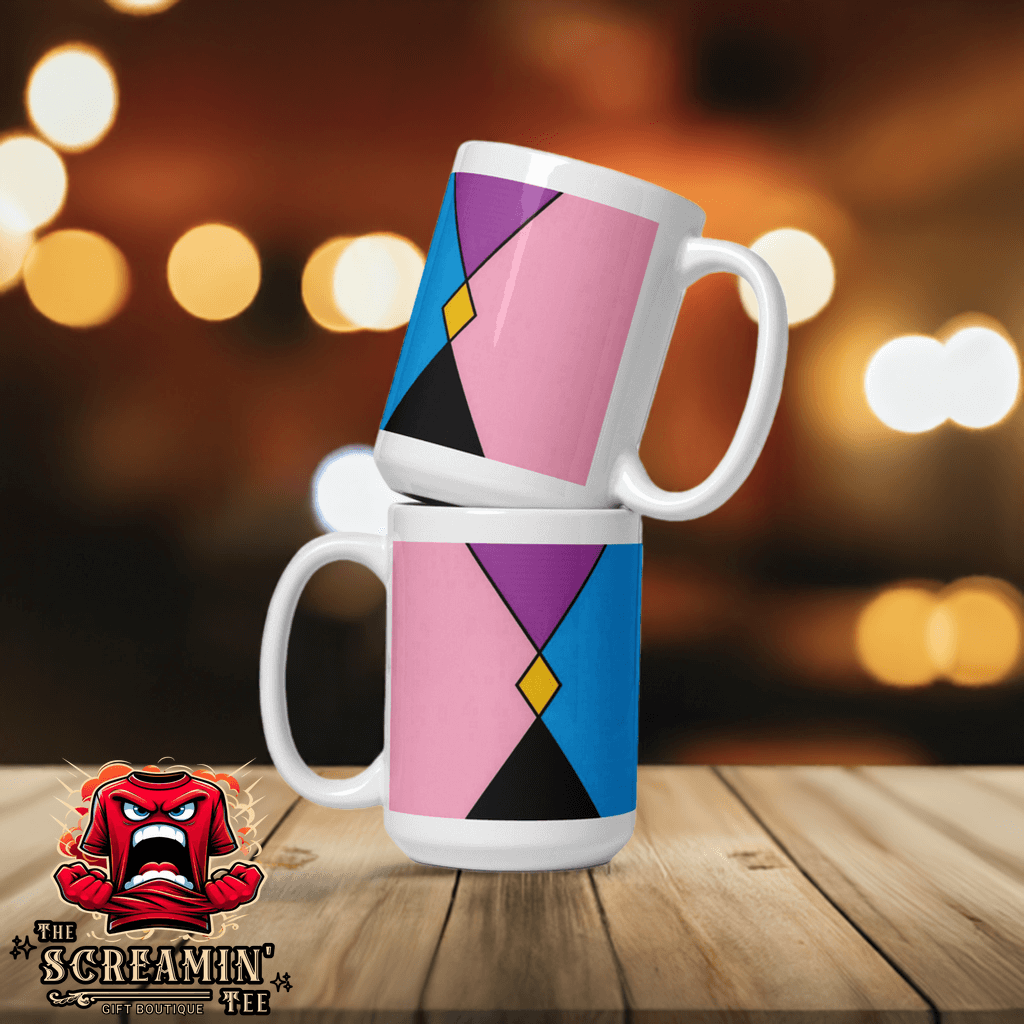 Pocket Gender Pride Mug featuring vibrant colors stacked on a wooden counter with blurred lights in the background.