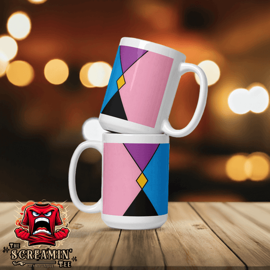 Pocket Gender Pride Mug featuring vibrant colors stacked on a wooden counter with blurred lights in the background.