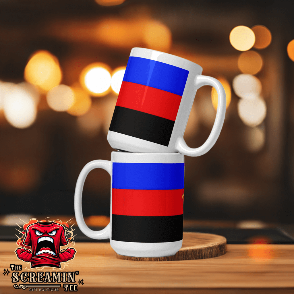 Polyamory Pride Mug with bold colors, perfect for coffee or tea, showcasing a vibrant design on a ceramic mug.