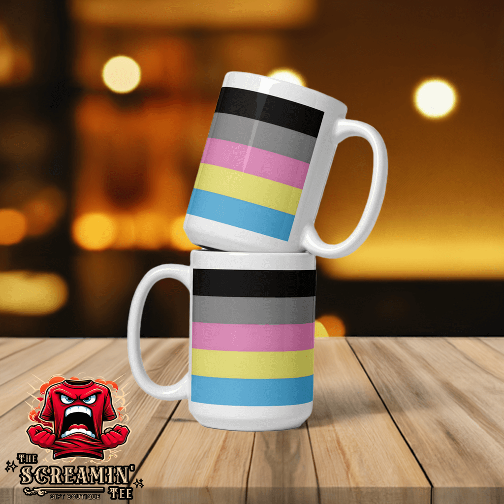 Polygender Pride Mug stacked on a table, featuring vibrant stripes representing polygender pride.