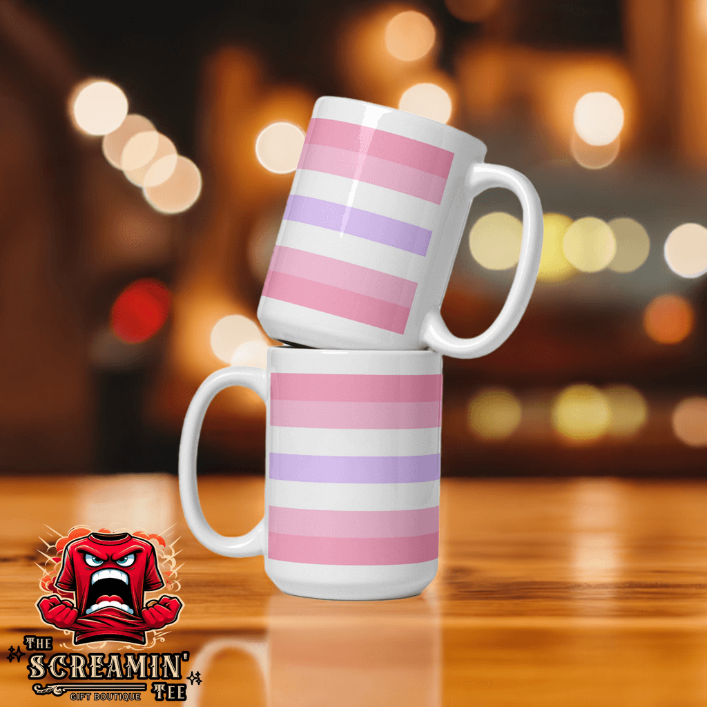 Pomosexual Pride Mug stacked on a table, featuring pink and purple striped design, perfect for enjoying beverages.