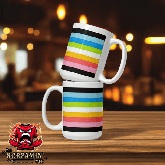 Queer Pride Mug featuring colorful stripes on ceramic, perfect for coffee or tea.