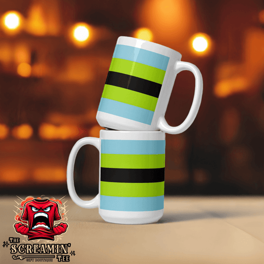 Quoigender Pride Mug stacked showcasing vibrant colors and patterns, perfect for coffee or tea lovers.