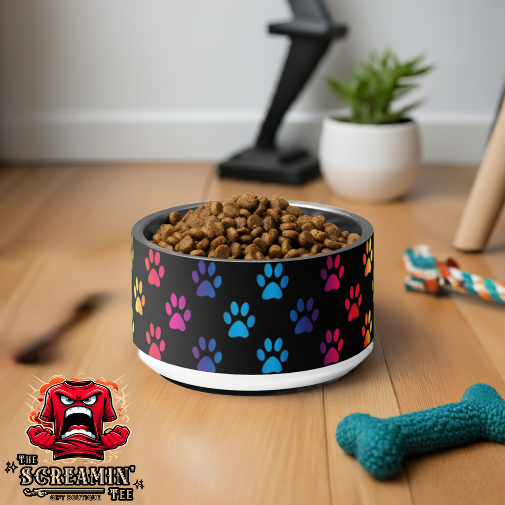 RAINBOW PAWS PET BOWL - BLACK - 18OZ - The Screamin' Tee