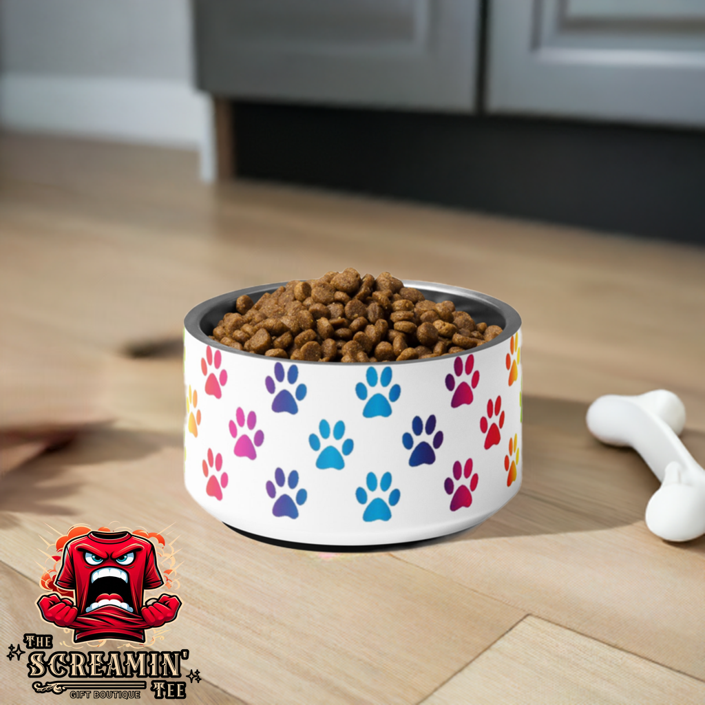 RAINBOW PAWS PET BOWL - WHITE - 18OZ - The Screamin' Tee