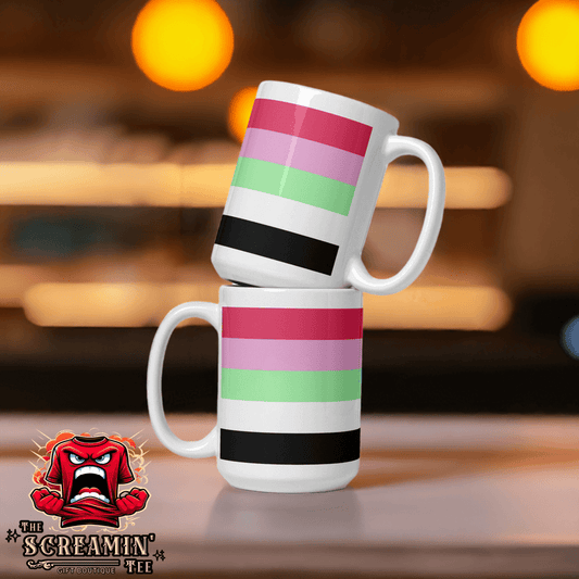 Recipromantic Pride Mug featuring vibrant stripes, perfect for coffee, tea, or any drink, sturdy ceramic design.