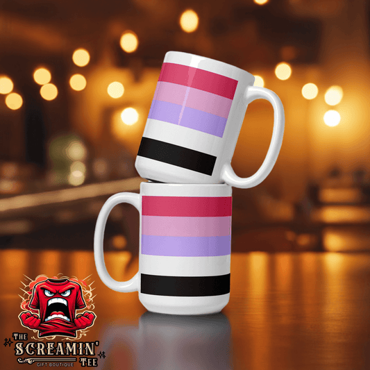 Two Reciprosexual Pride Mugs stacked with vibrant colors on a blurred background, perfect for coffee or tea.