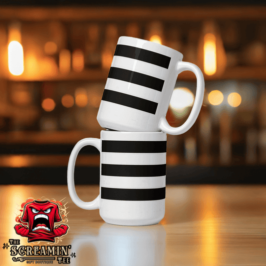 Two Straight Pride Mugs stacked on a table, featuring bold black stripes against a white background.