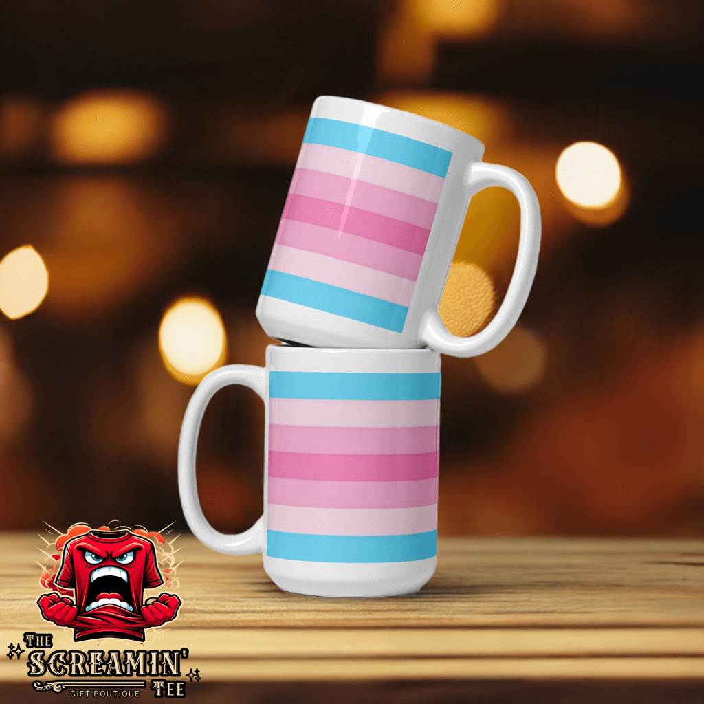 Transfem Pride Mug featuring pink and blue stripes, perfect for coffee or tea lovers.