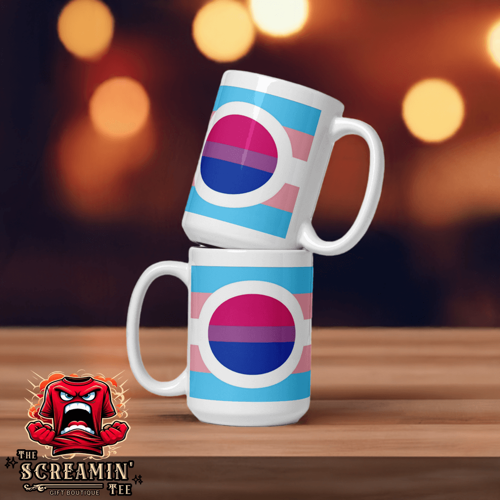 Transgender Bisexual I Pride Mug displayed with vibrant colors and patterns, perfect for pride celebrations.