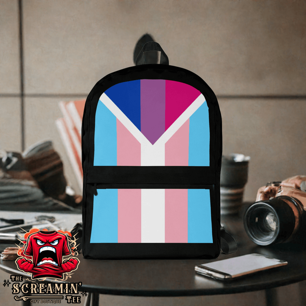 Transgender Bisexual II Pride Backpack displayed on a table, showcasing its vibrant colors and design.