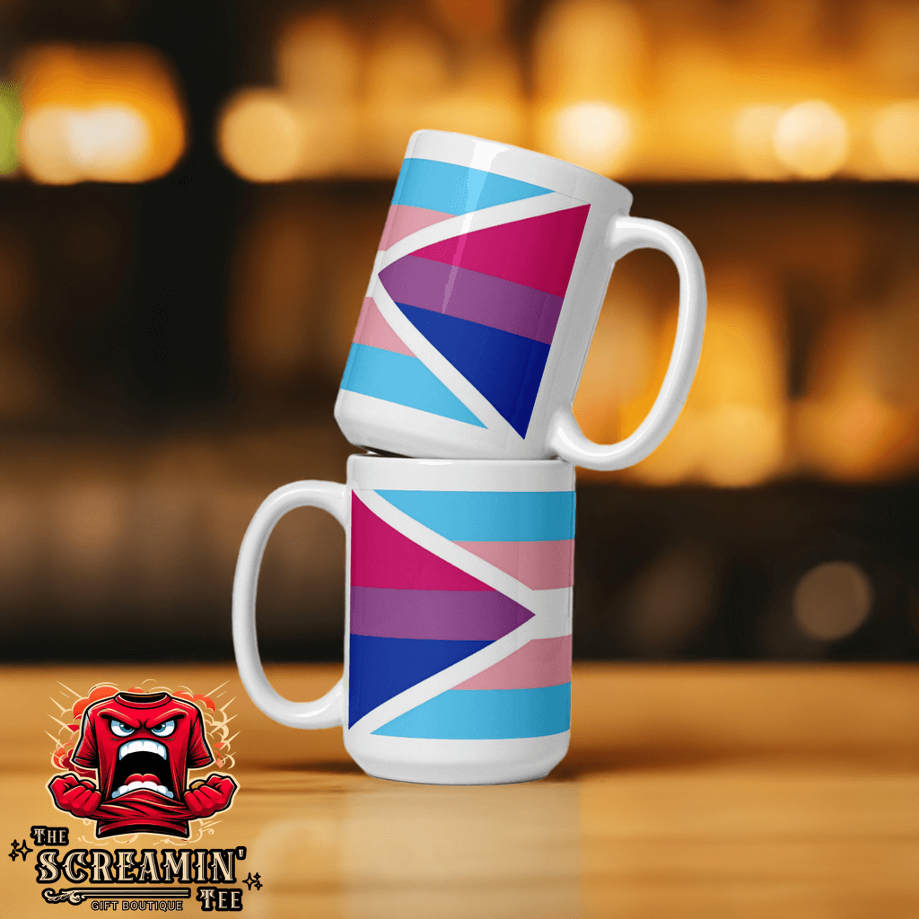 Transgender Bisexual II Pride Mug displayed stacked with vibrant design against a blurred background.