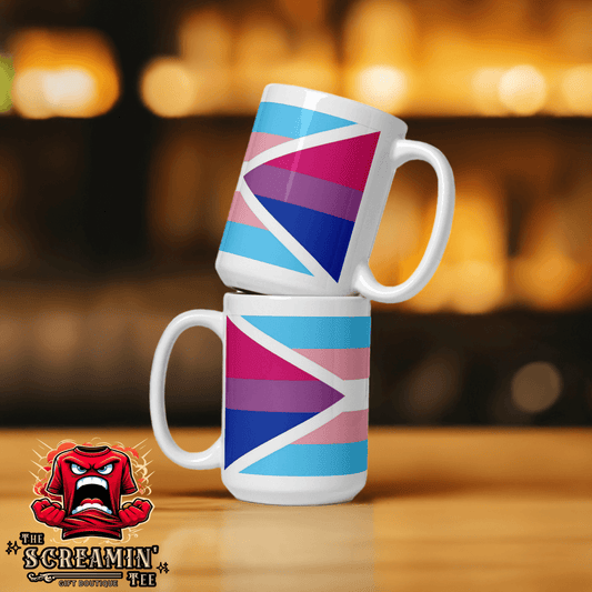 Transgender Bisexual II Pride Mug displayed stacked with vibrant design against a blurred background.