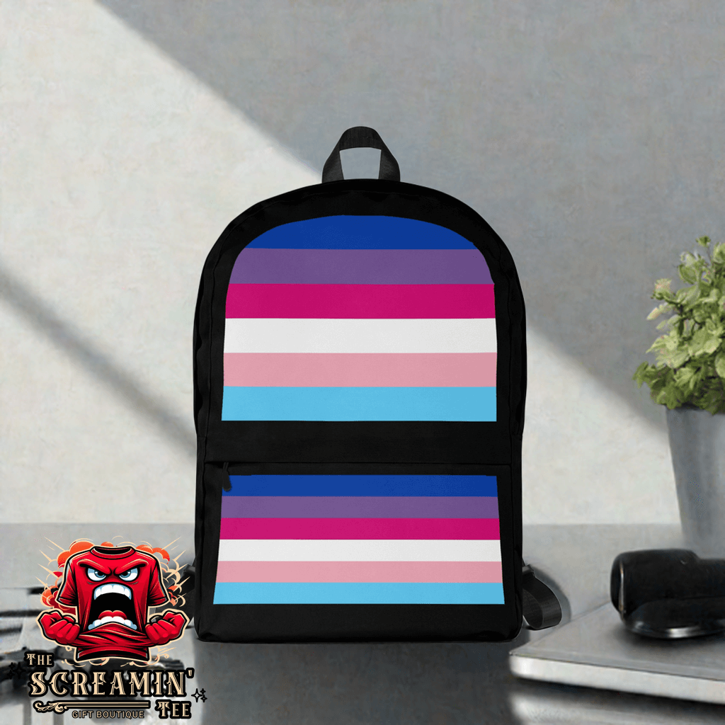 Transgender Bisexual III Pride Backpack featuring vibrant stripes on a black background, perfect for everyday use.