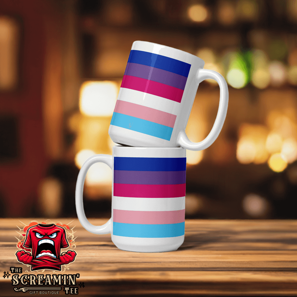 Transgender Bisexual III Pride Mug stacked with vibrant colors, perfect for coffee or tea. Durable ceramic design.