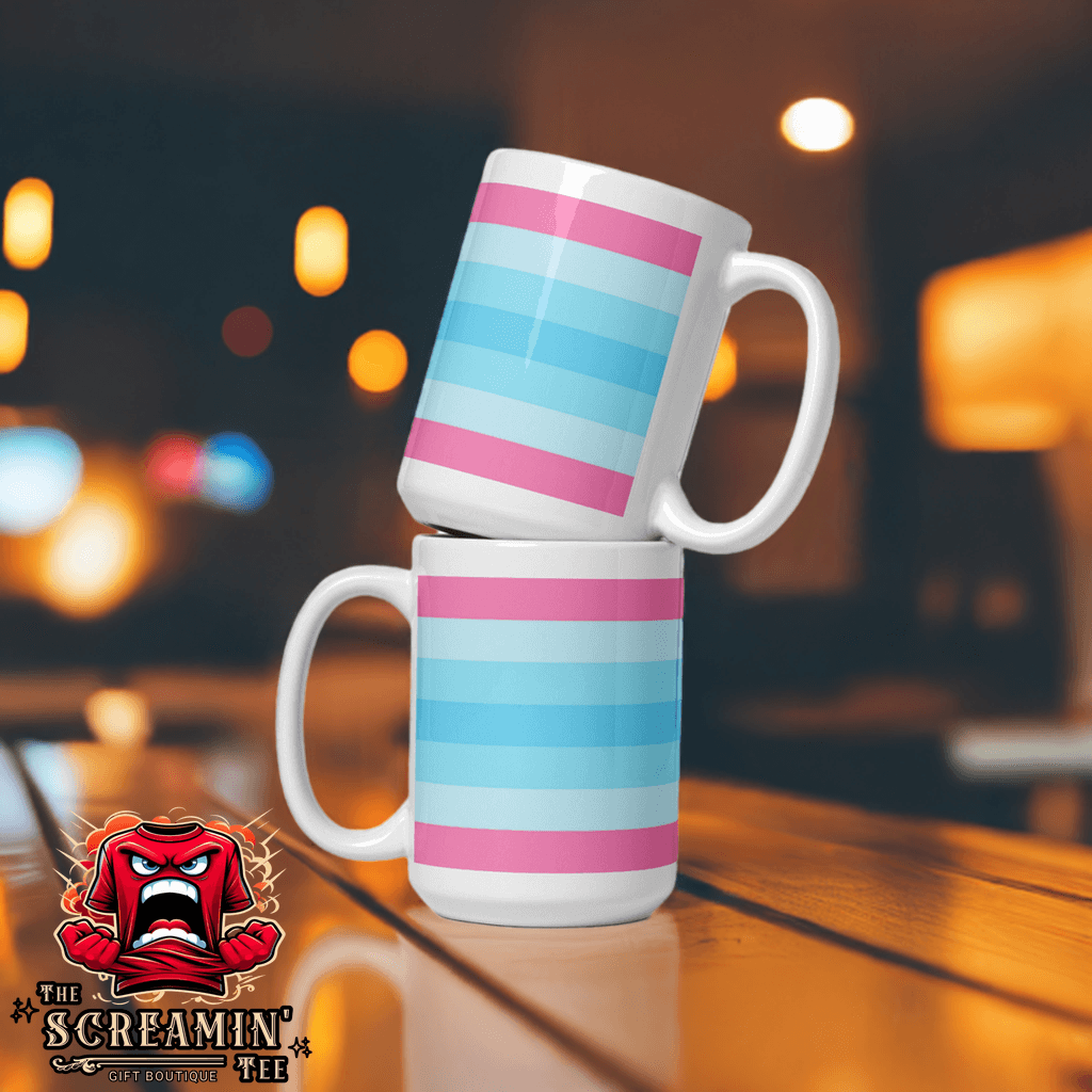 Transmasc Pride Mug stacked on a table featuring colorful stripes in pink and blue.