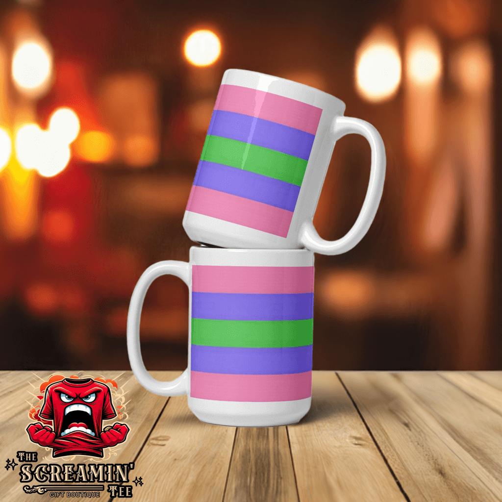 Trigender Pride Mug stacked, showcasing vibrant purple, pink, and green stripes on a glossy ceramic design.