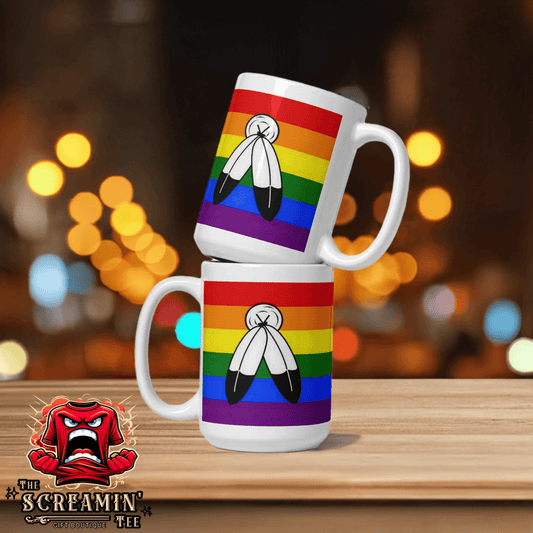 Two Spirit Pride Mug featuring a colorful rainbow design, perfect for coffee or tea.