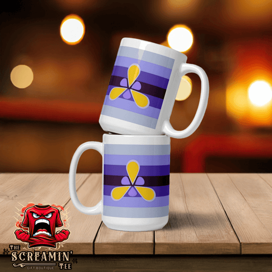 Xenogender Pride Mug design displayed on two stacked mugs with vibrant colors and patterns.