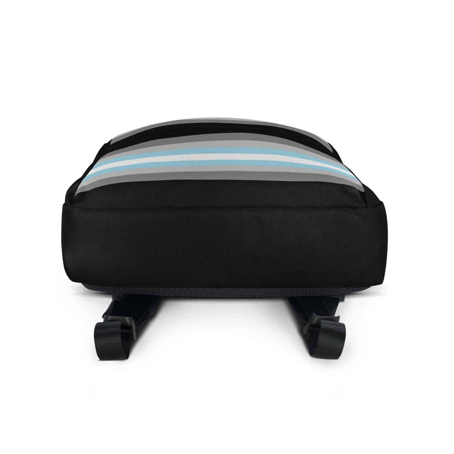 Demigender Demiboys Pride Backpack featuring black fabric with blue and gray stripes, perfect for daily use or sports.