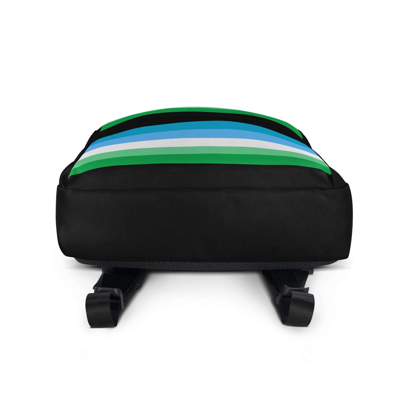 Gay Men III Pride Backpack top view showcasing colorful stripes and black base for daily use or sports activities.
