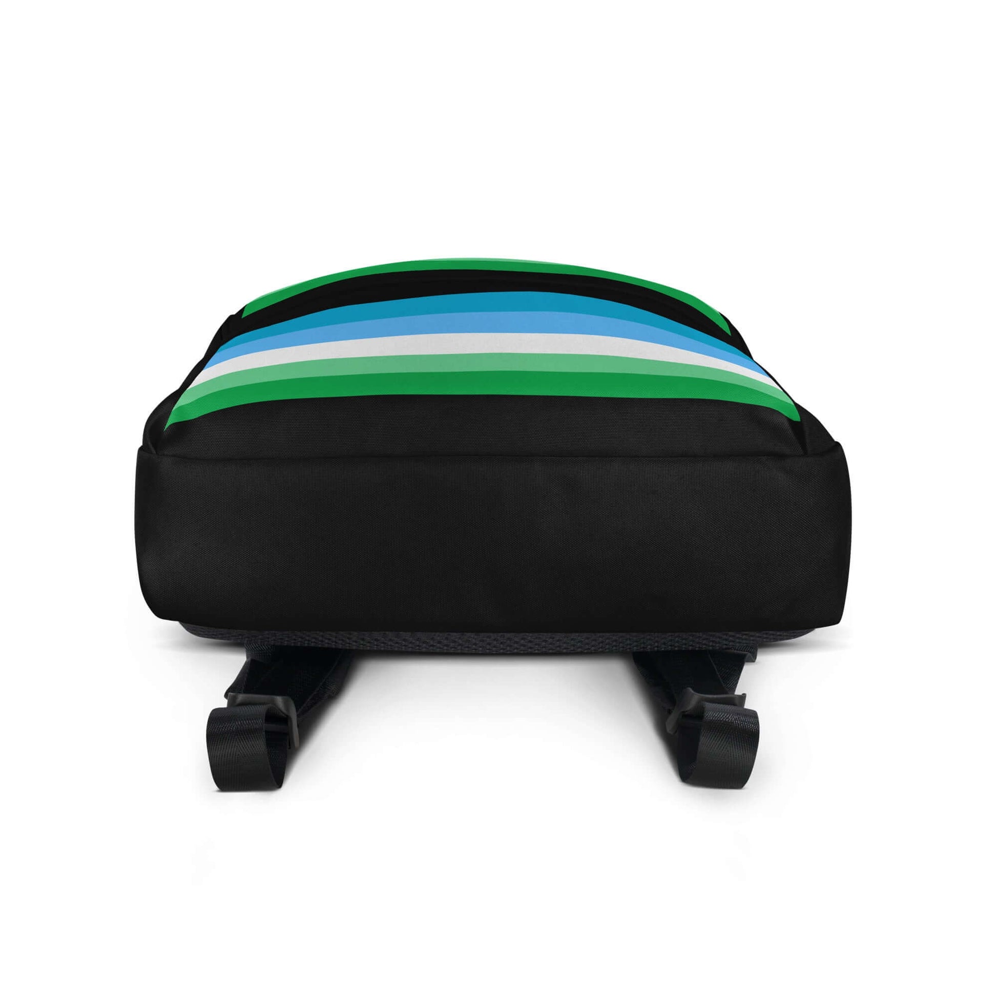 Gay Men III Pride Backpack top view showcasing colorful stripes and black base for daily use or sports activities.
