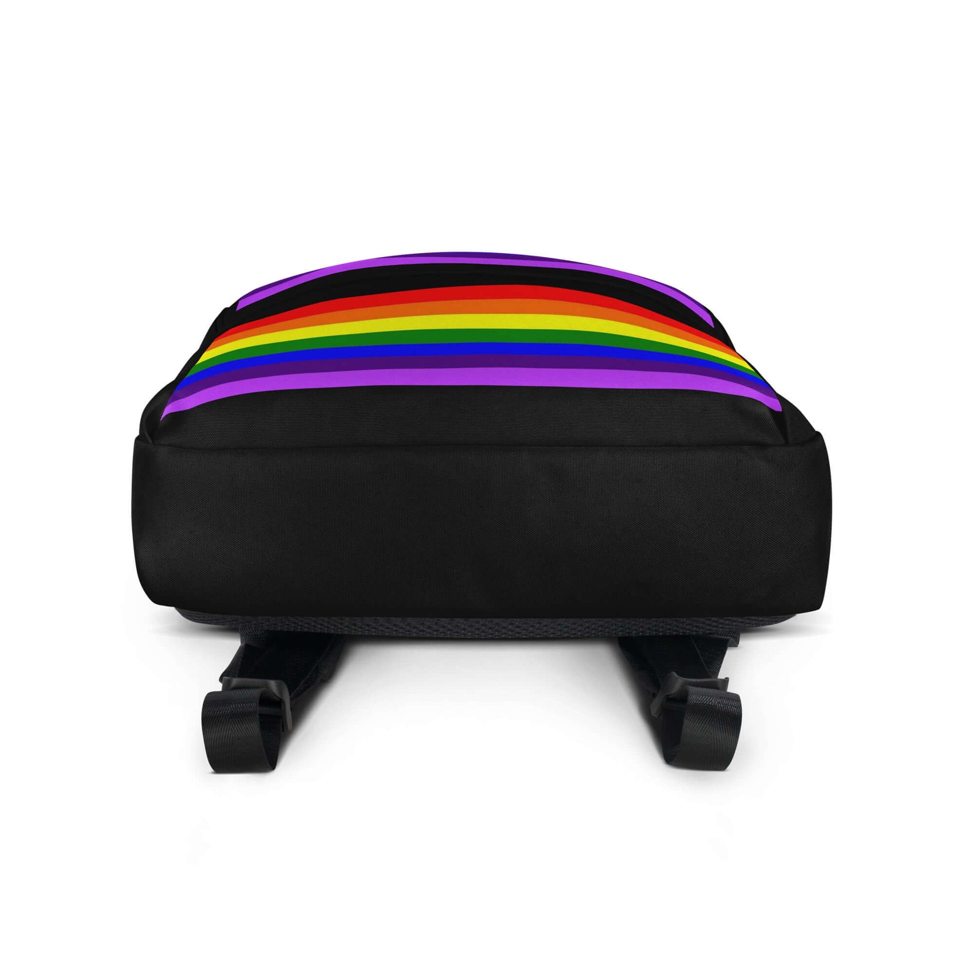 Gilbert Baker (Adapted Version) Pride Backpack with rainbow stripes detail on black background.