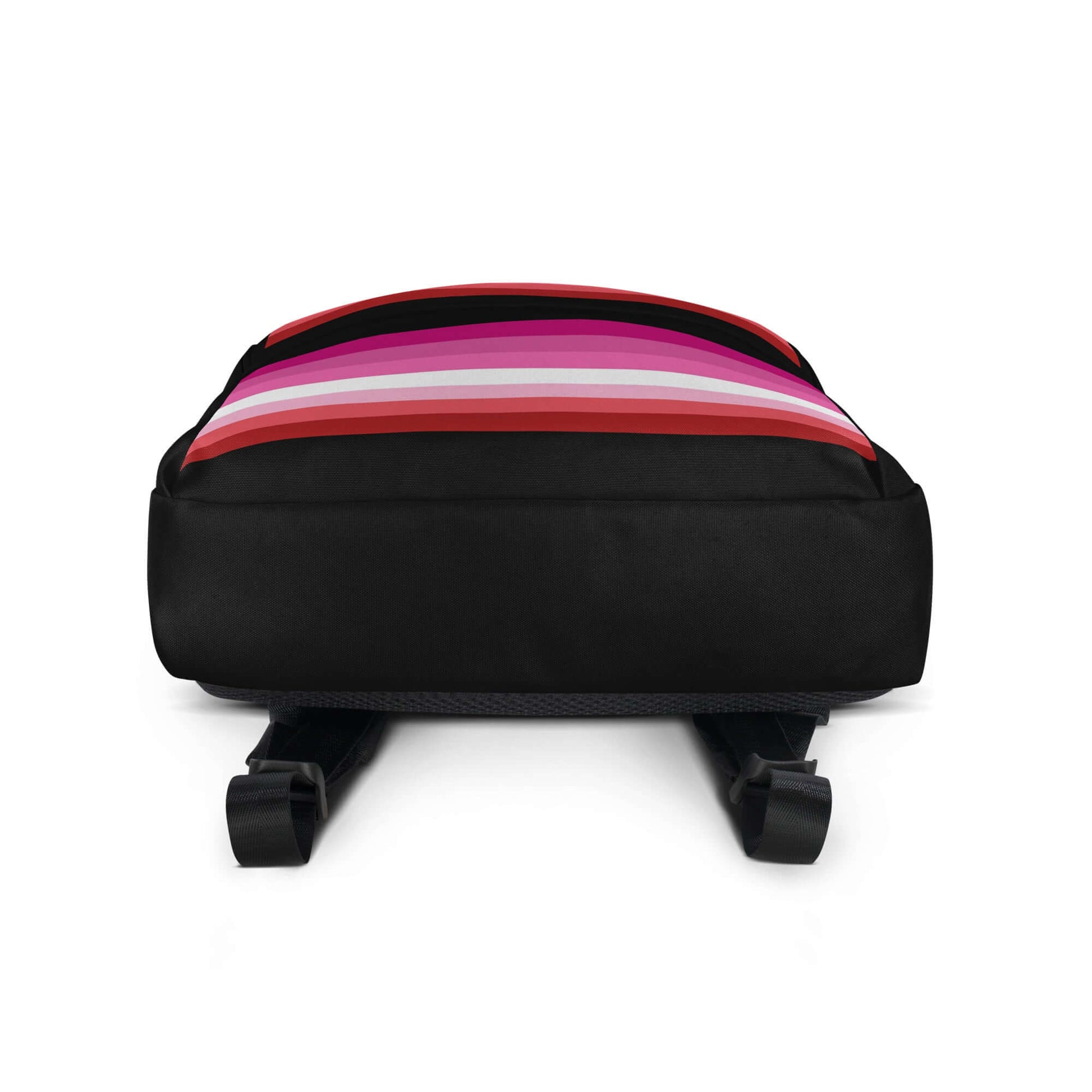 Lesbian Femme Pride Backpack featuring vibrant stripes in pink and black, perfect for daily use or sports activities.