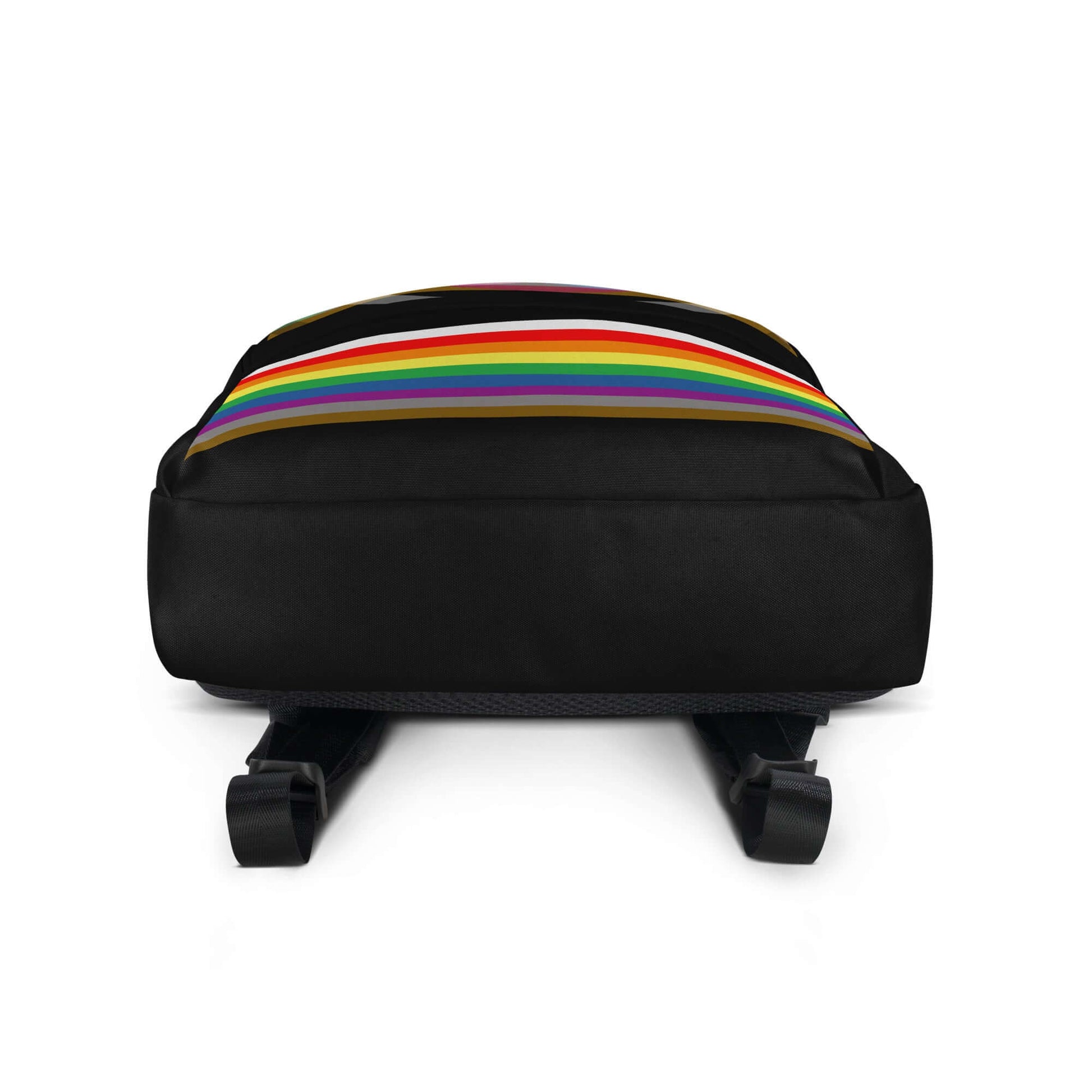 Outburo Intersectional Pride Backpack front view showing colorful stripes and spacious design for daily use and sports.