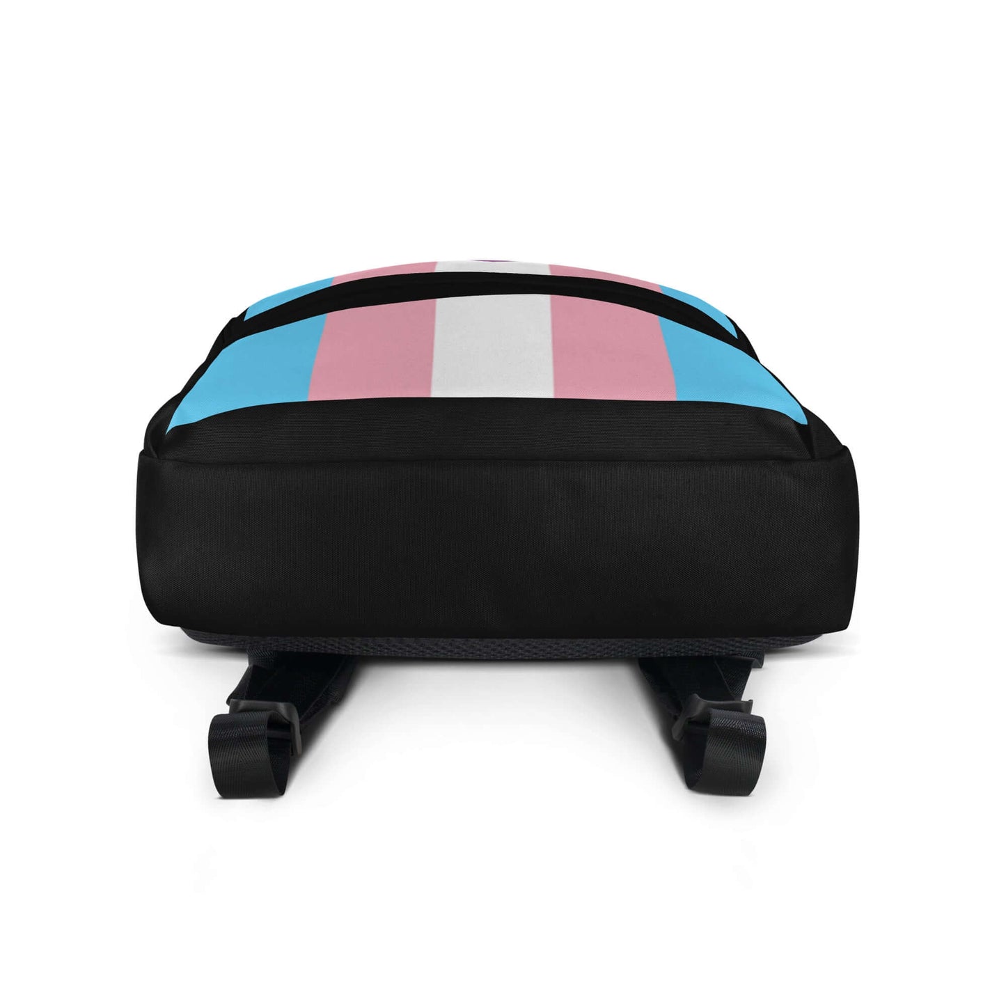 Transgender Bisexual II Pride Backpack featuring a colorful design with blue, pink, and white stripes on a black backdrop.