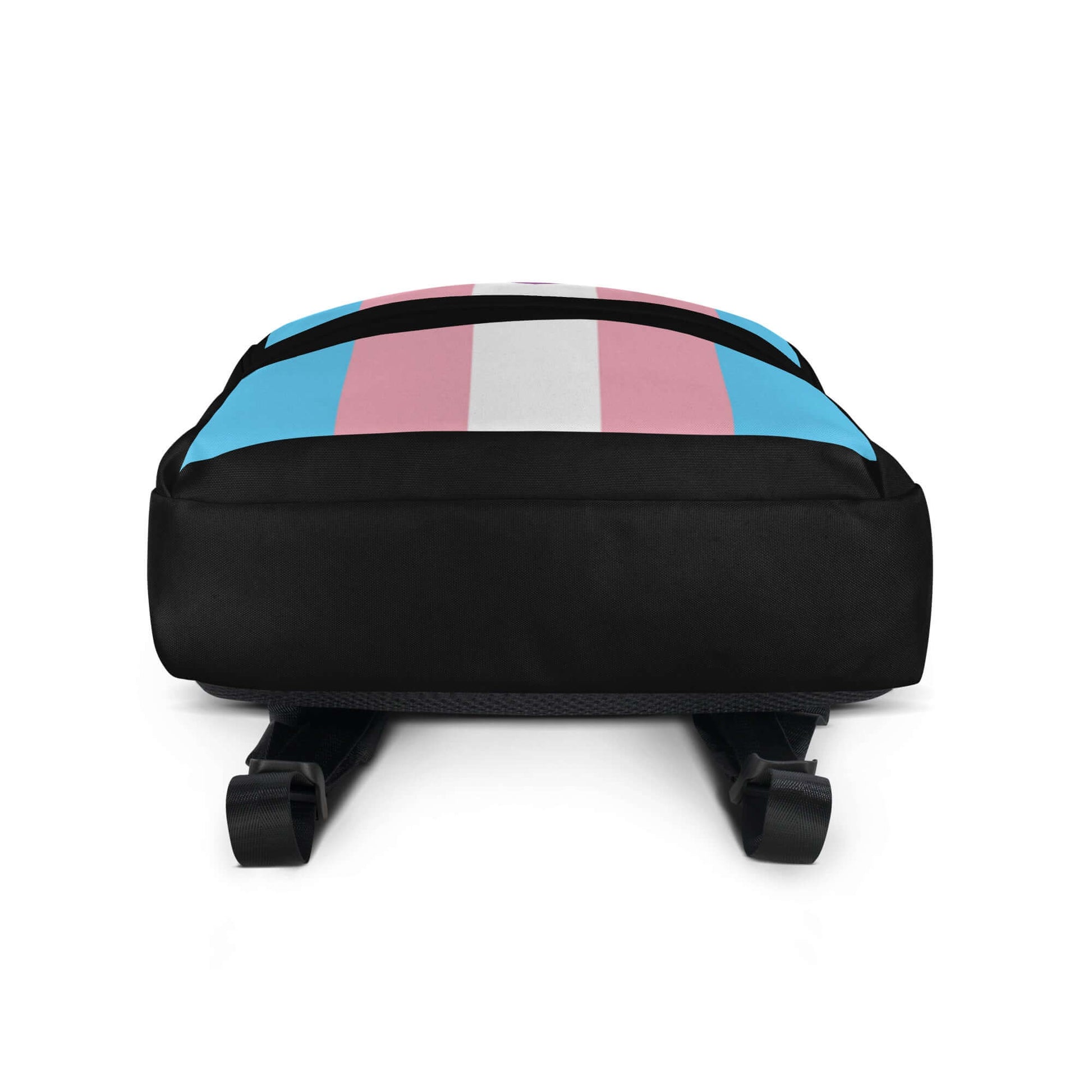Transgender Bisexual II Pride Backpack featuring a colorful design with blue, pink, and white stripes on a black backdrop.