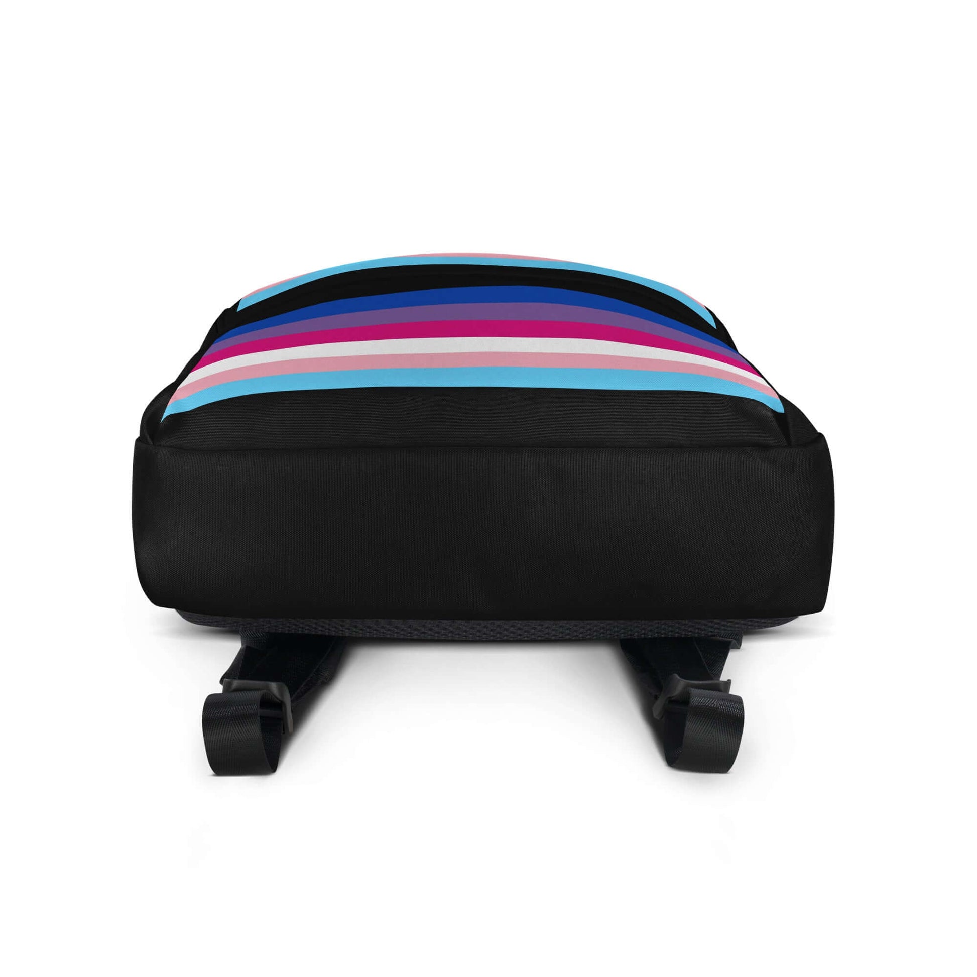 Transgender Bisexual III Pride Backpack showing colorful stripes and black bottom design, ideal for daily use and sports.