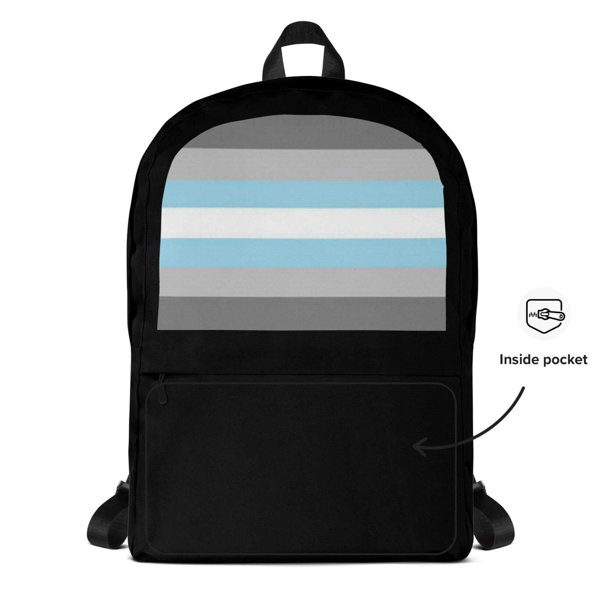 Demigender Demiboys Pride Backpack featuring blue and gray stripes and an inside pocket for extra storage.