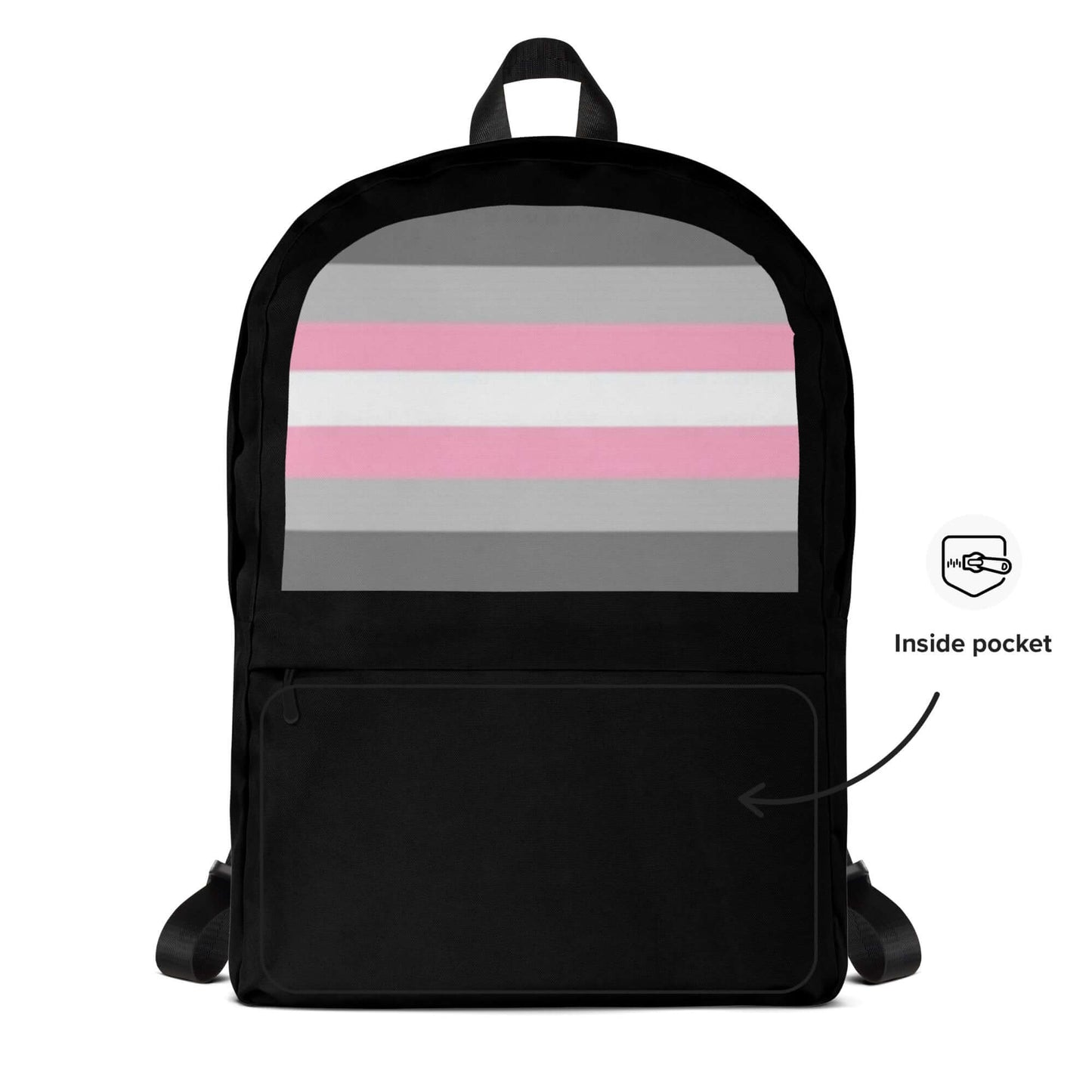 Demigender Demigirls Pride Backpack featuring a striped design with an inside pocket for storage.